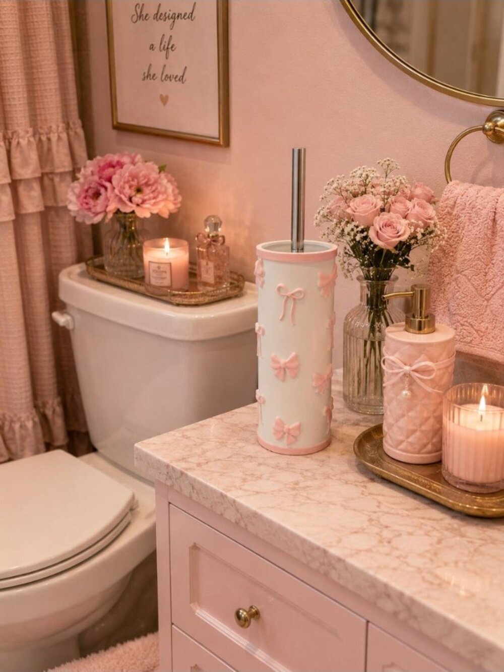 New Pink & White Girly Coquette Bow Toilet Brush Holder Bathroom